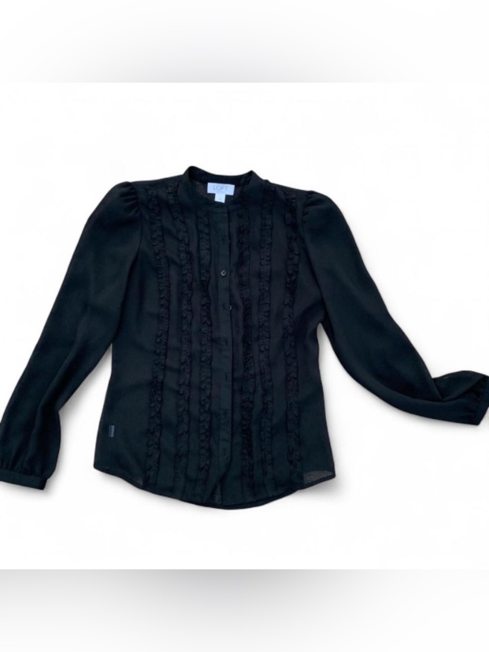 Dark Romantic Sheer Black Button Down Top with Ruffles and Small Puff Sleeves
